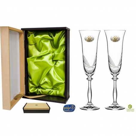 Cofre 2 copas de Champán Angela de Cristal de bohemia con placa plata bilaminada de 50 aniversario.